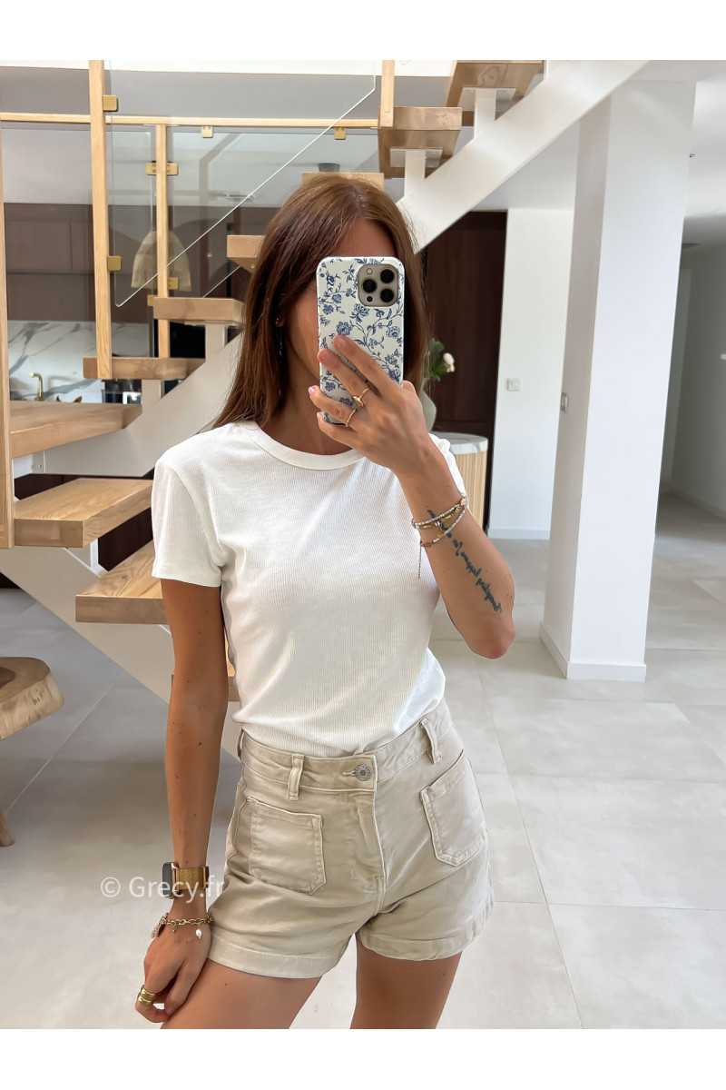t-shirt épais blanc côtelé basique intemporel prêt du corps cintré col rond mode tendance grecy été 2025