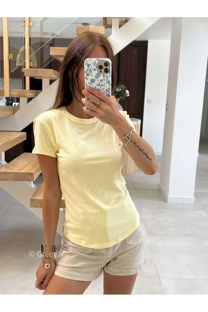 t-shirt épais jaune côtelé basique intemporel prêt du corps cintré col rond mode tendance grecy été 2025