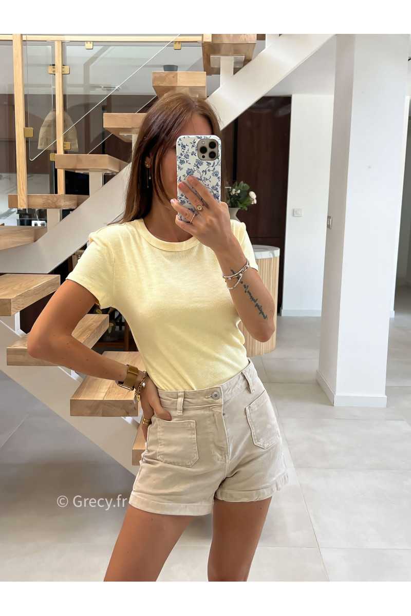t-shirt épais jaune côtelé basique intemporel prêt du corps cintré col rond mode tendance grecy été 2025