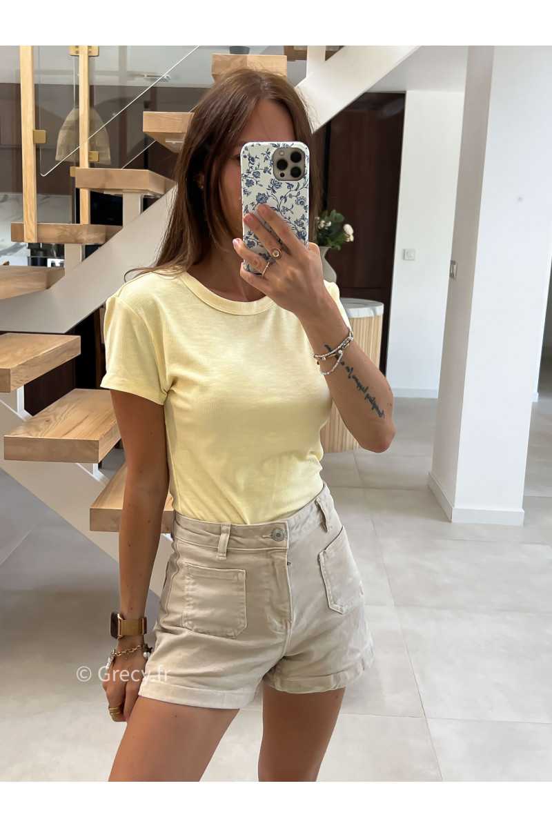 t-shirt épais jaune côtelé basique intemporel prêt du corps cintré col rond mode tendance grecy été 2025