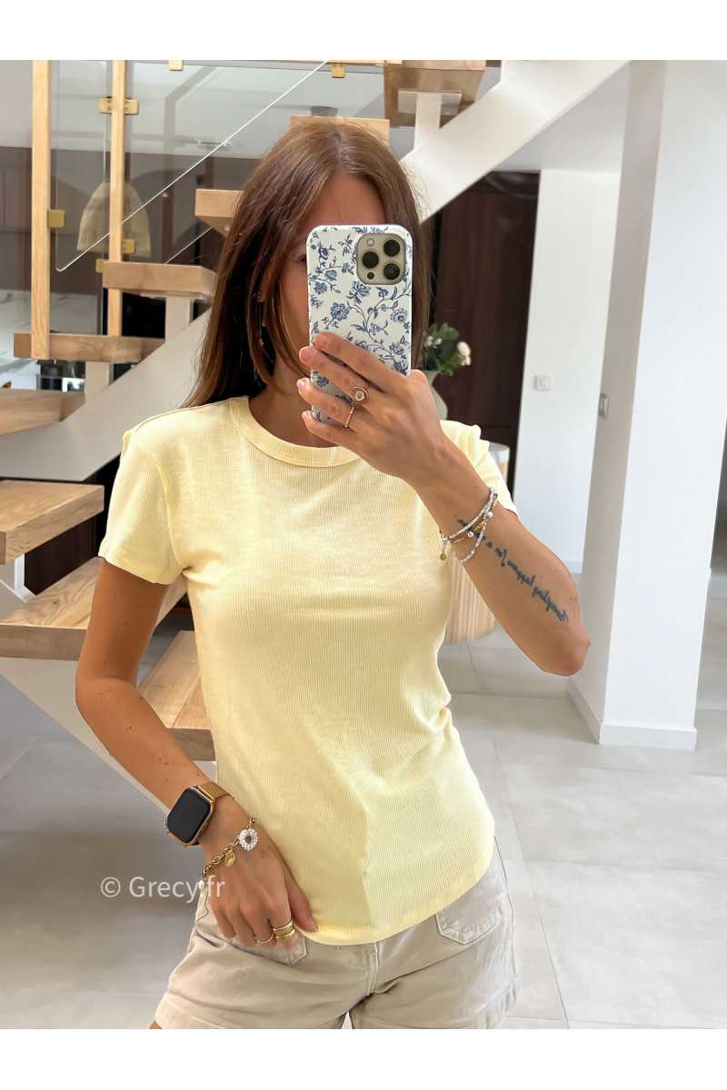 t-shirt épais jaune côtelé basique intemporel prêt du corps cintré col rond mode tendance grecy été 2025