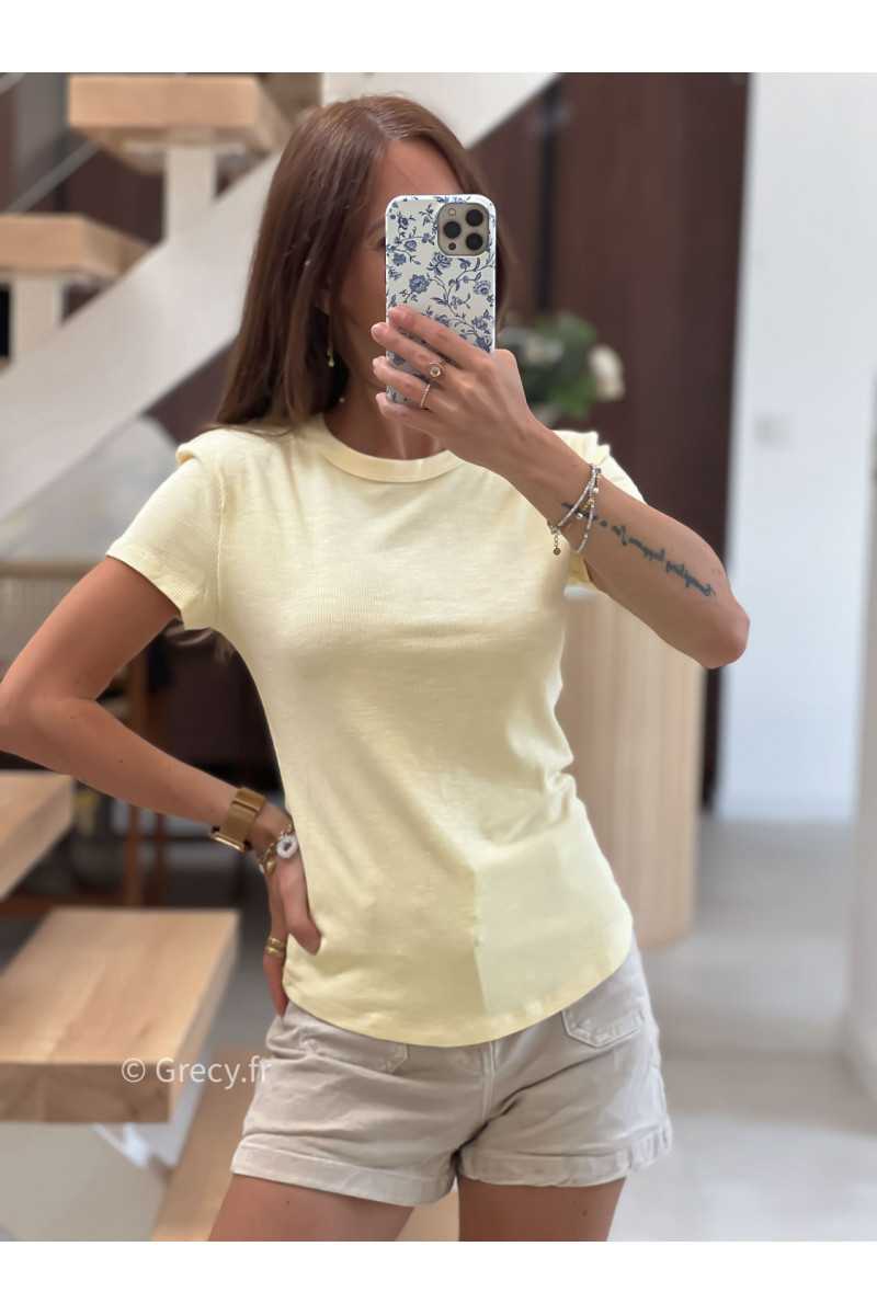 t-shirt épais jaune côtelé basique intemporel prêt du corps cintré col rond mode tendance grecy été 2025