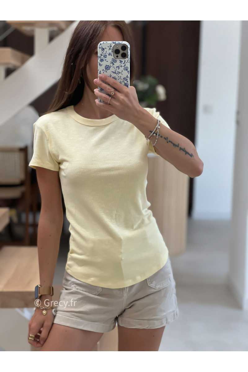 t-shirt épais jaune côtelé basique intemporel prêt du corps cintré col rond mode tendance grecy été 2025