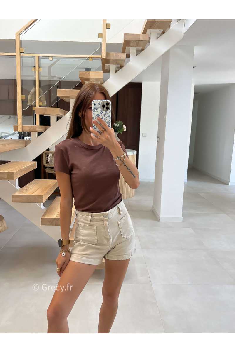 t-shirt épais marron côtelé basique intemporel prêt du corps cintré col rond mode tendance grecy été 2025