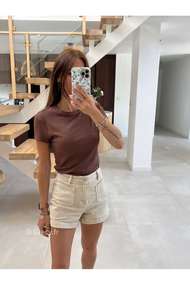 t-shirt épais marron côtelé basique intemporel prêt du corps cintré col rond mode tendance grecy été 2025