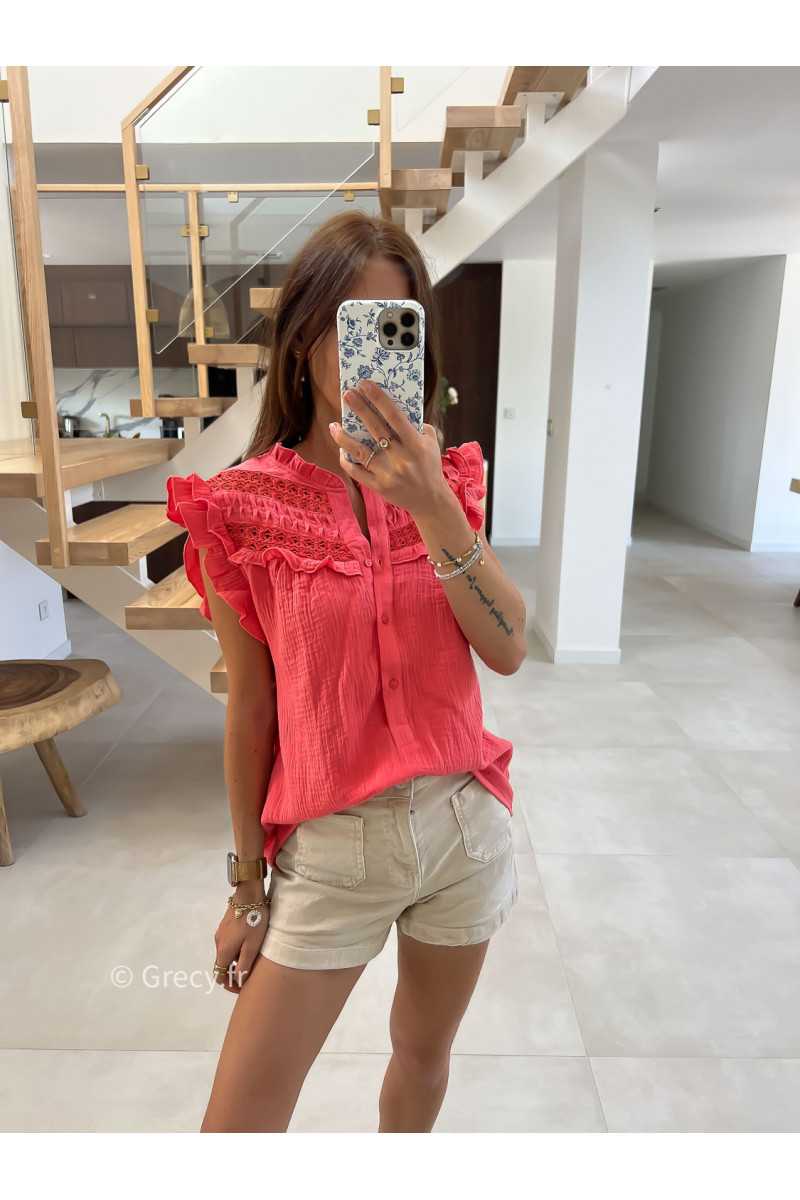 Blouse gaze de coton corail volants broderies mode tendance grecy été 2025