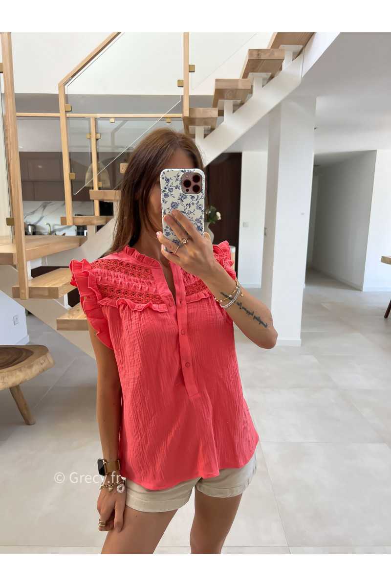 Blouse gaze de coton corail volants broderies mode tendance grecy été 2025