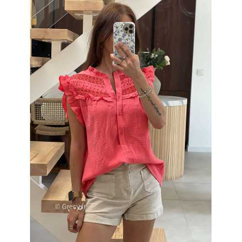 Blouse gaze de coton corail volants broderies mode tendance grecy été 2025