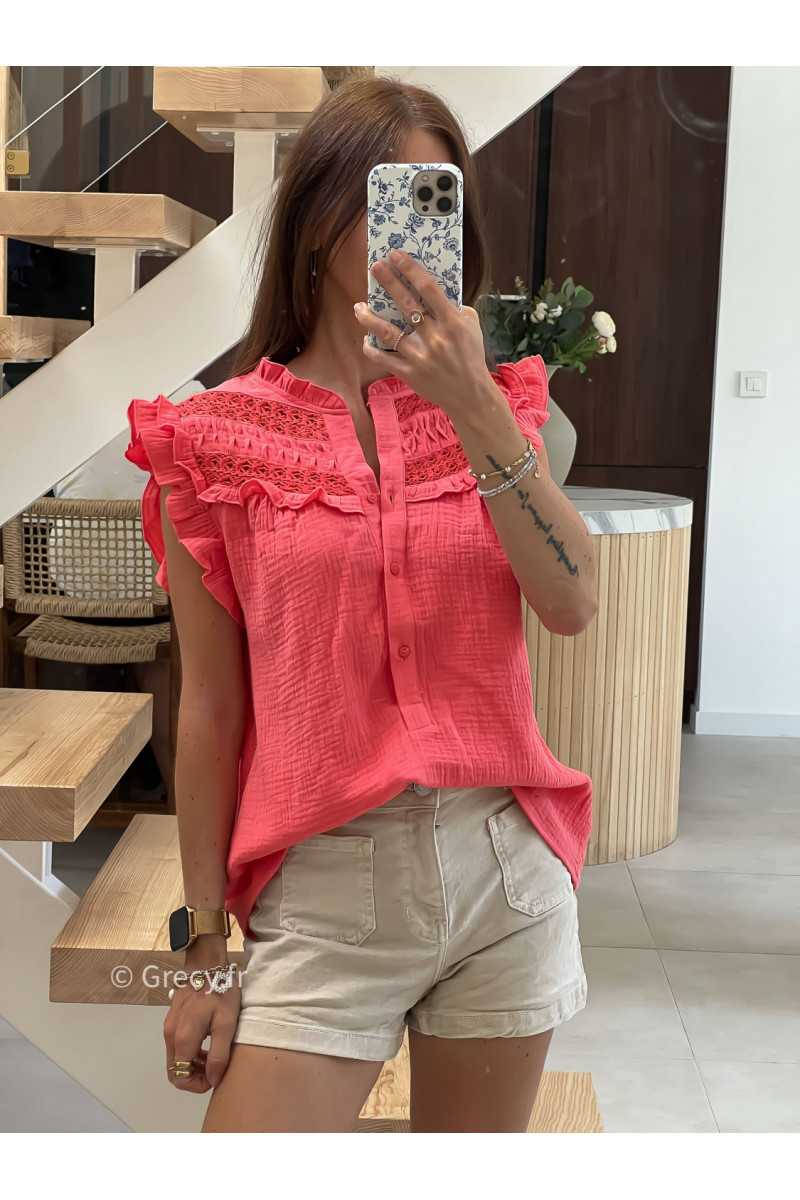 Blouse gaze de coton corail volants broderies mode tendance grecy été 2025