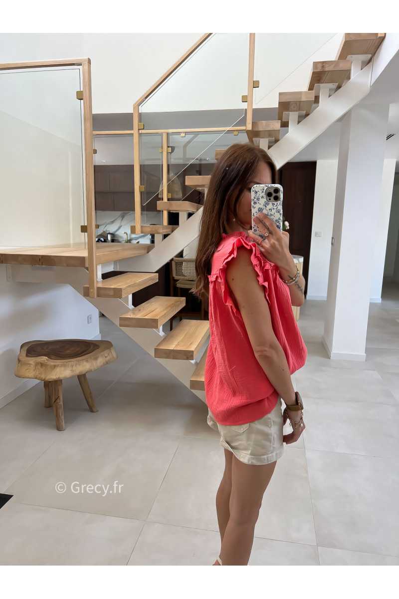 Blouse gaze de coton corail volants broderies mode tendance grecy été 2024