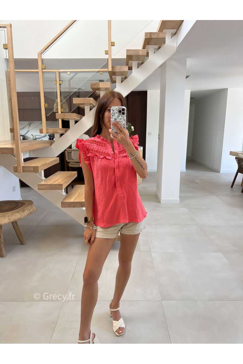 Blouse gaze de coton corail volants broderies mode tendance grecy été 2025