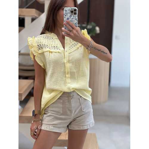 Blouse gaze de coton jaune volants broderies mode tendance grecy été 2025