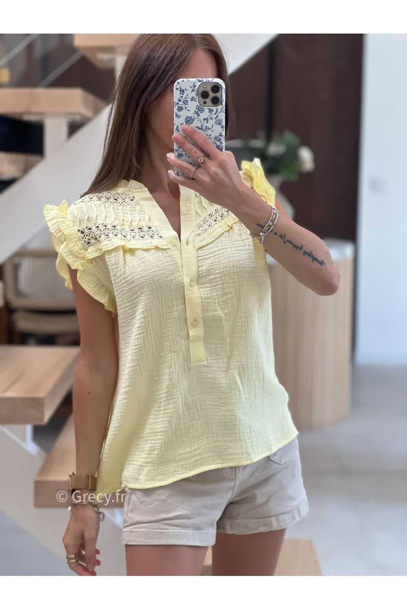 Blouse gaze de coton jaune volants broderies mode tendance grecy été 2025