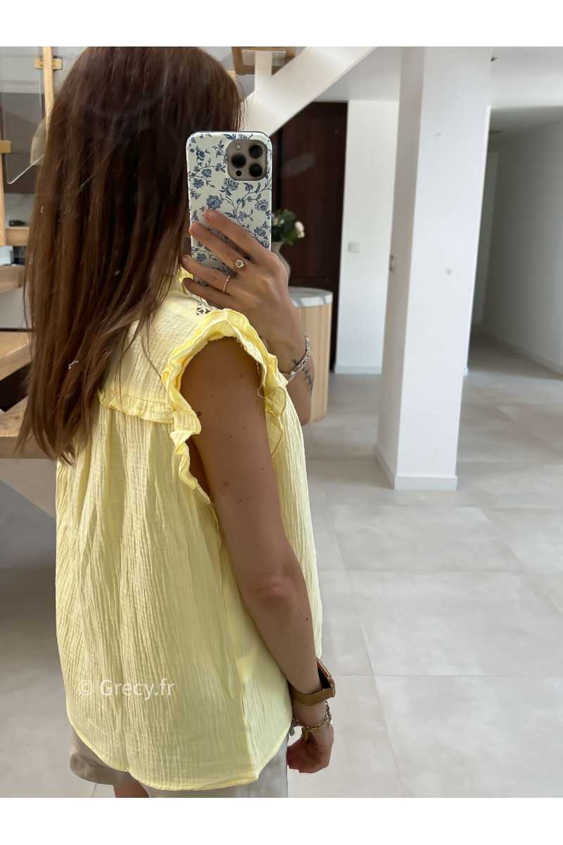 Blouse gaze de coton jaune volants broderies mode tendance grecy été 2025