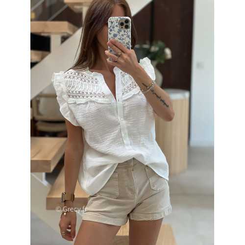 Blouse gaze de coton blanche volants broderies mode tendance grecy été 2025