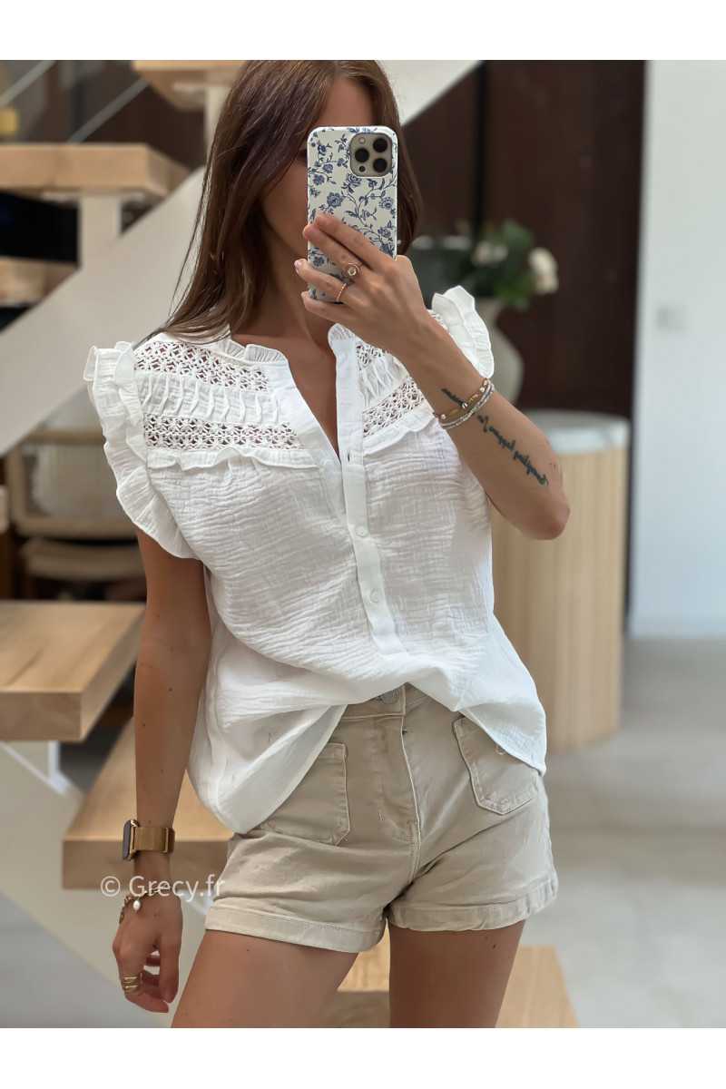 Blouse gaze de coton blanche volants broderies mode tendance grecy été 2025