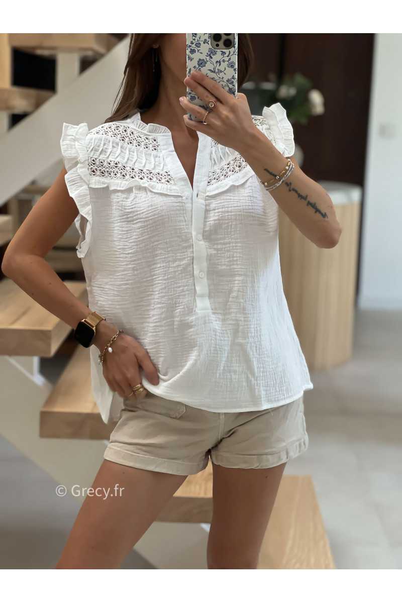 Blouse gaze de coton blanche volants broderies mode tendance grecy été 2025