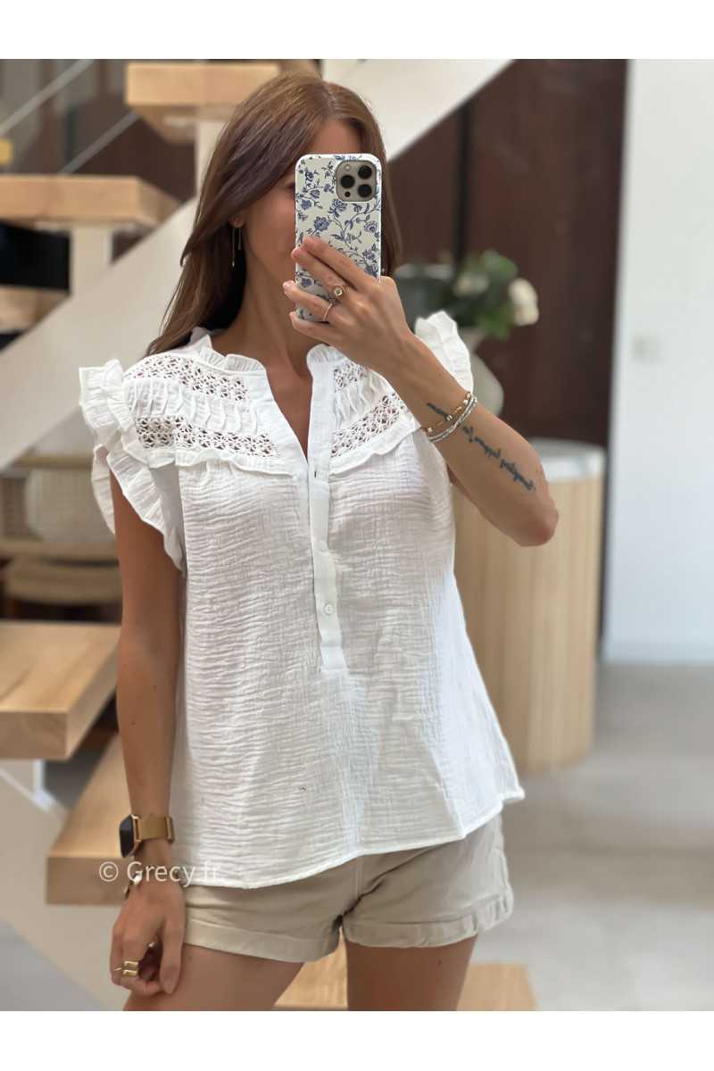 Blouse gaze de coton blanche volants broderies mode tendance grecy été 2025