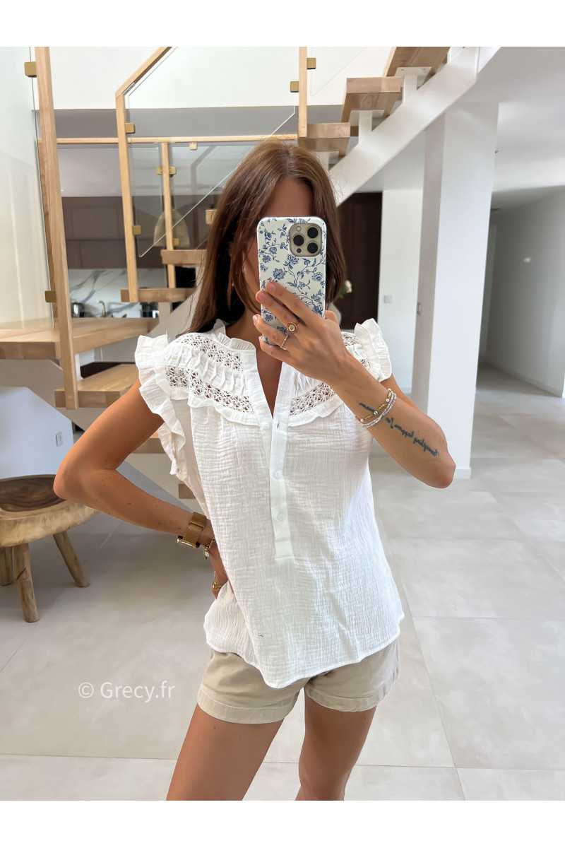 Blouse gaze de coton blanche volants broderies mode tendance grecy été 2025