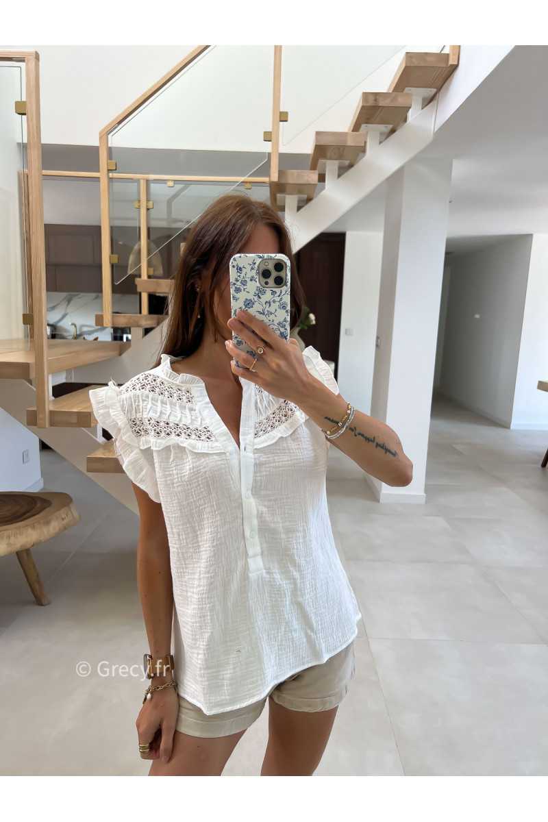 Blouse gaze de coton blanche volants broderies mode tendance grecy été 2025