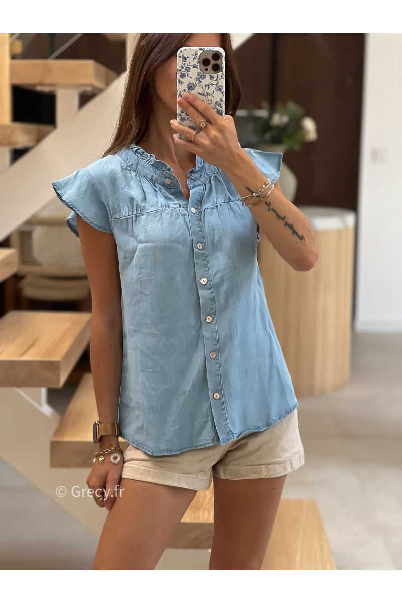 Blouse chemisier en jean volants broderies mode tendance grecy été 2025
