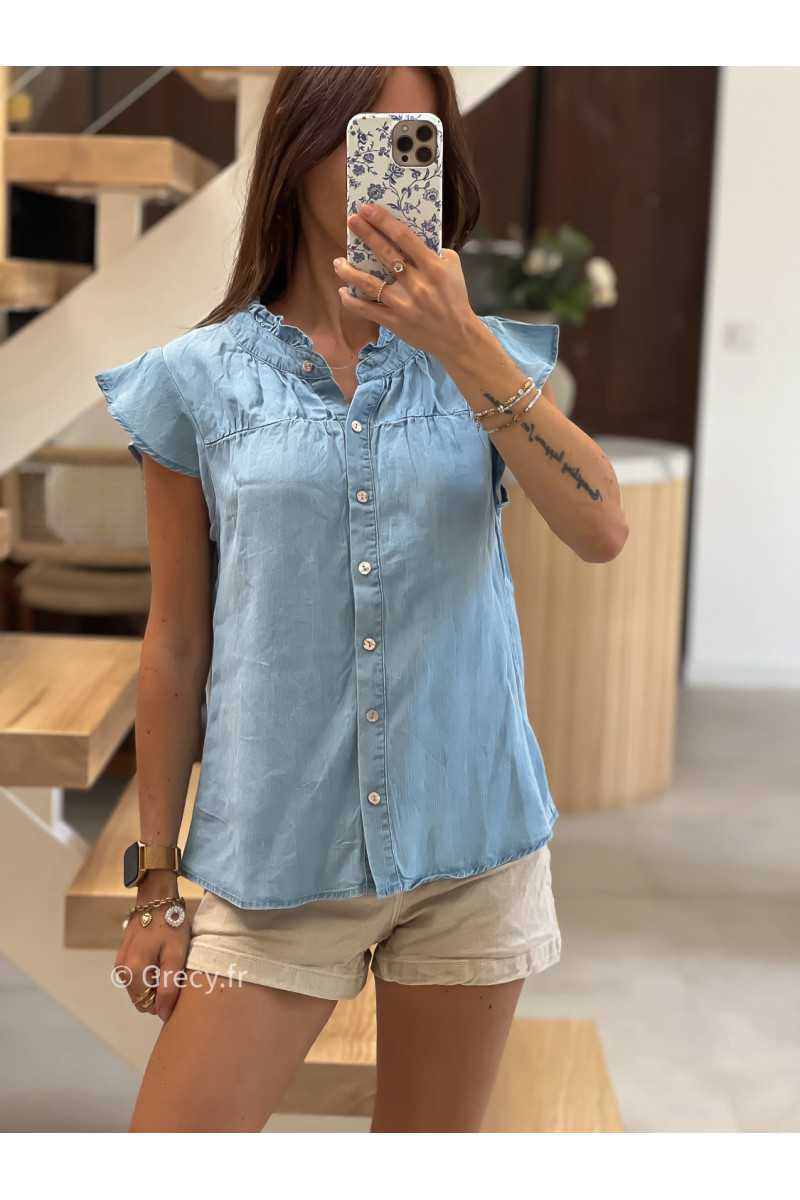 Blouse chemisier en jean volants broderies mode tendance grecy été 2025