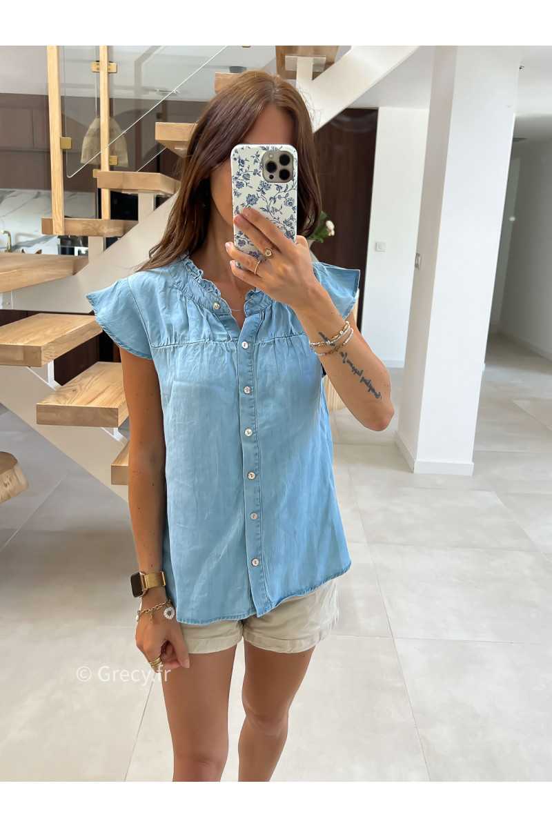 Blouse chemisier en jean volants broderies mode tendance grecy été 2025
