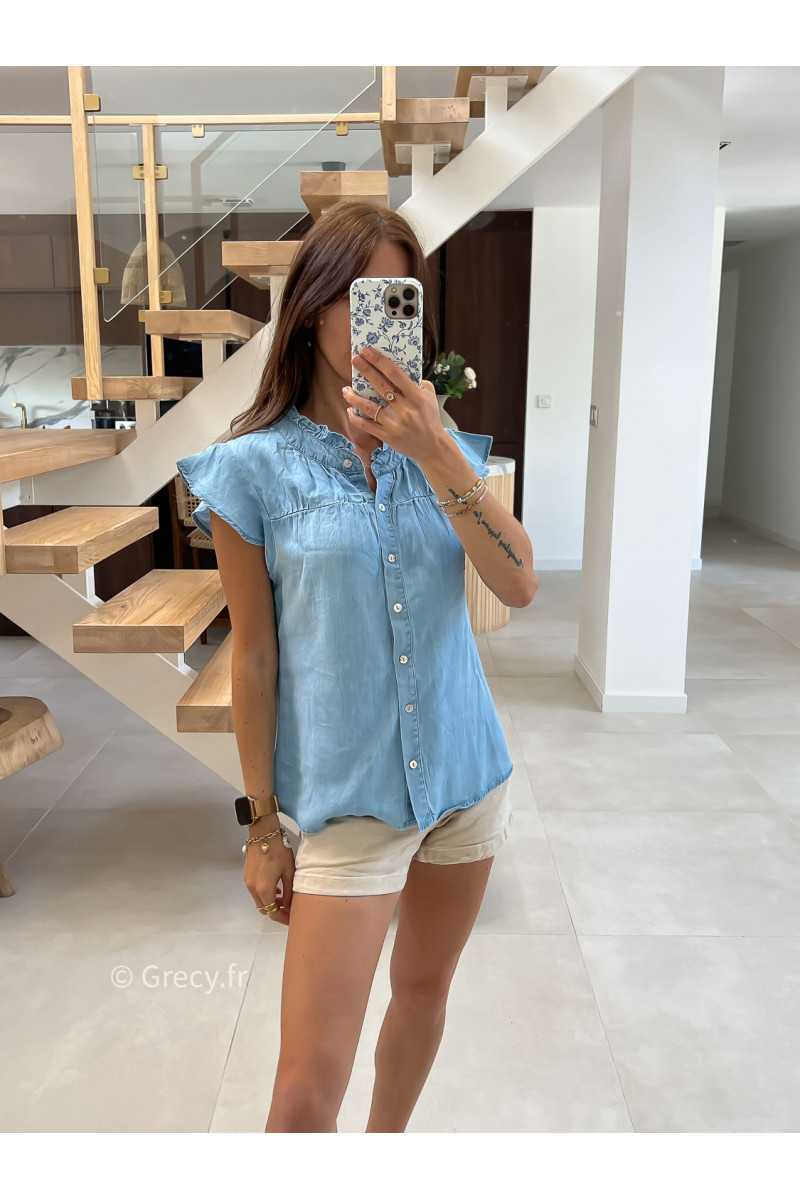 Blouse chemisier en jean volants broderies mode tendance grecy été 2025