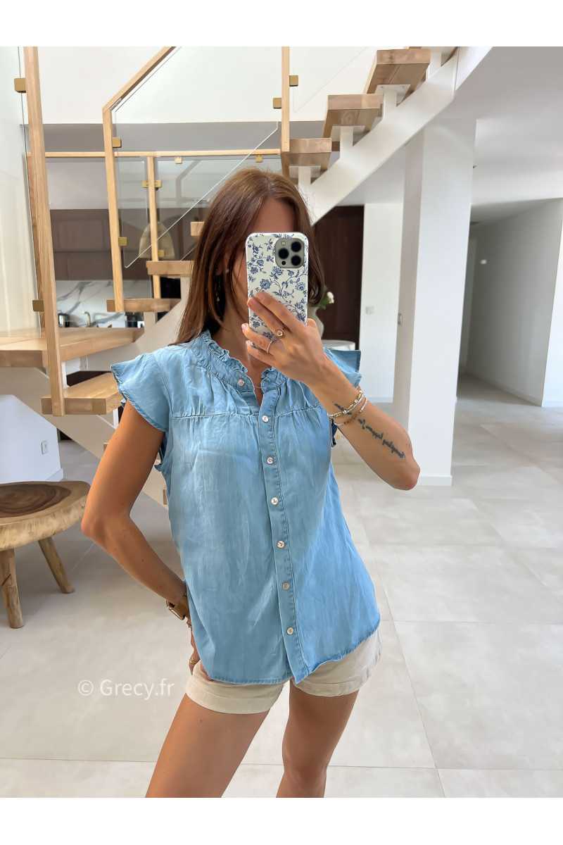 Blouse chemisier en jean volants broderies mode tendance grecy été 2025