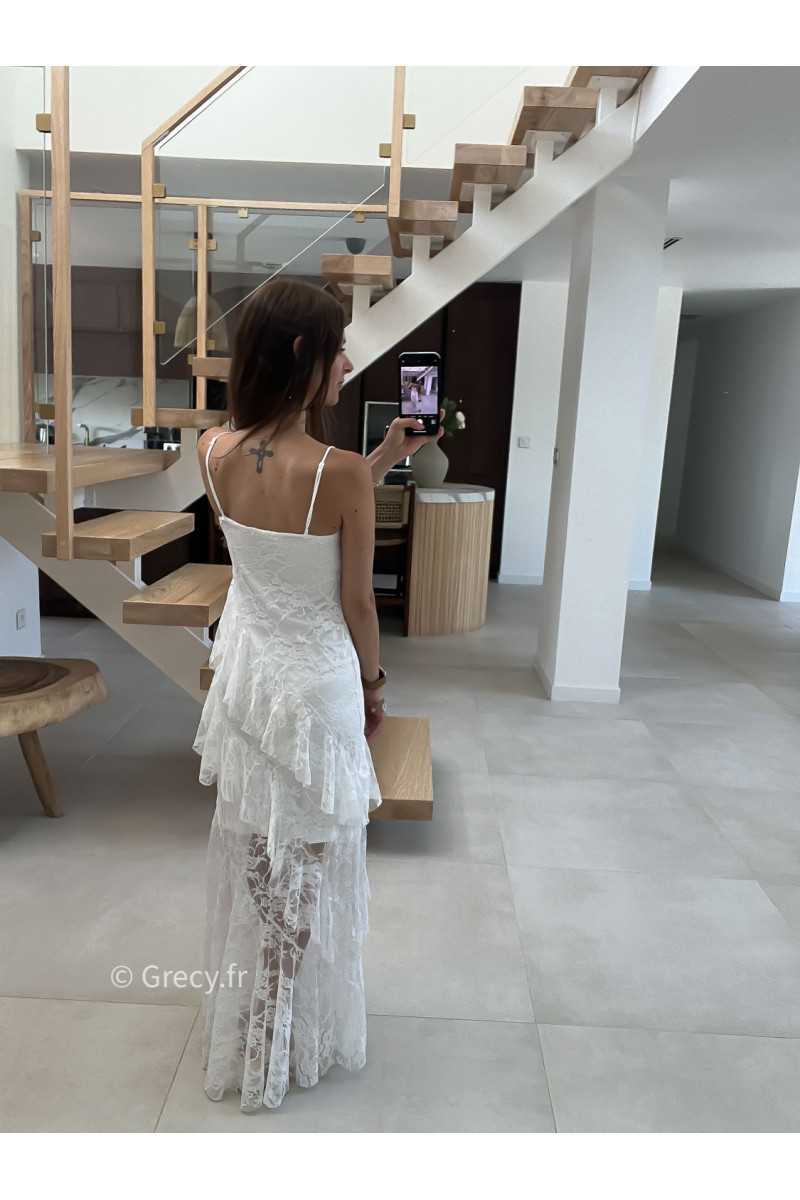 robe longue blanche dentelles chic mariage cérémonie bretelles doublure mode tendance grecy été 2025