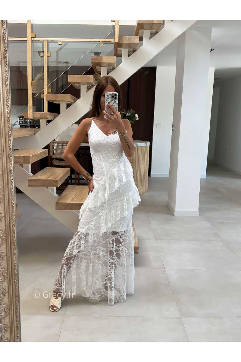 robe longue blanche dentelles chic mariage cérémonie bretelles doublure mode tendance grecy été 2025