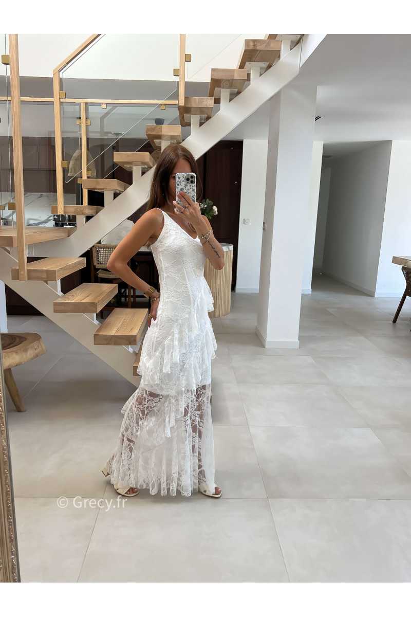robe longue blanche dentelles chic mariage cérémonie bretelles doublure mode tendance grecy été 2025