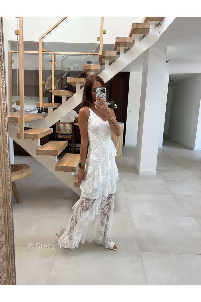 robe longue blanche dentelles chic mariage cérémonie bretelles doublure mode tendance grecy été 2025
