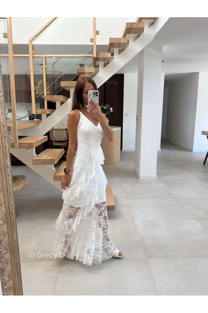 robe longue blanche dentelles chic mariage cérémonie bretelles doublure mode tendance grecy été 2025