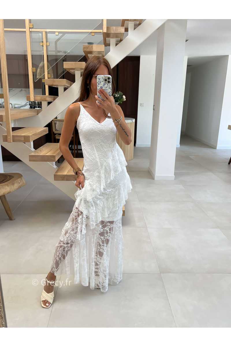robe longue blanche dentelles chic mariage cérémonie bretelles doublure mode tendance grecy été 2025