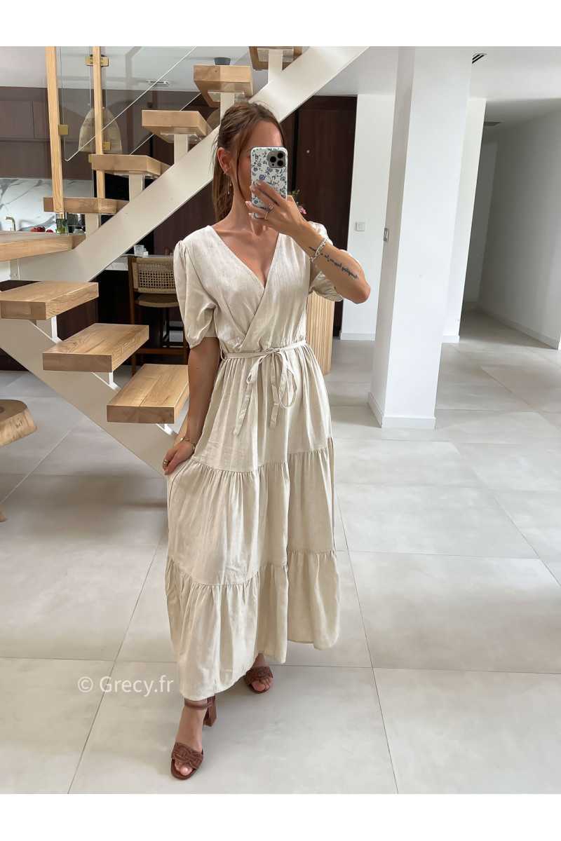 Robe longue lin beige cache-coeur mode tendance été grecy
