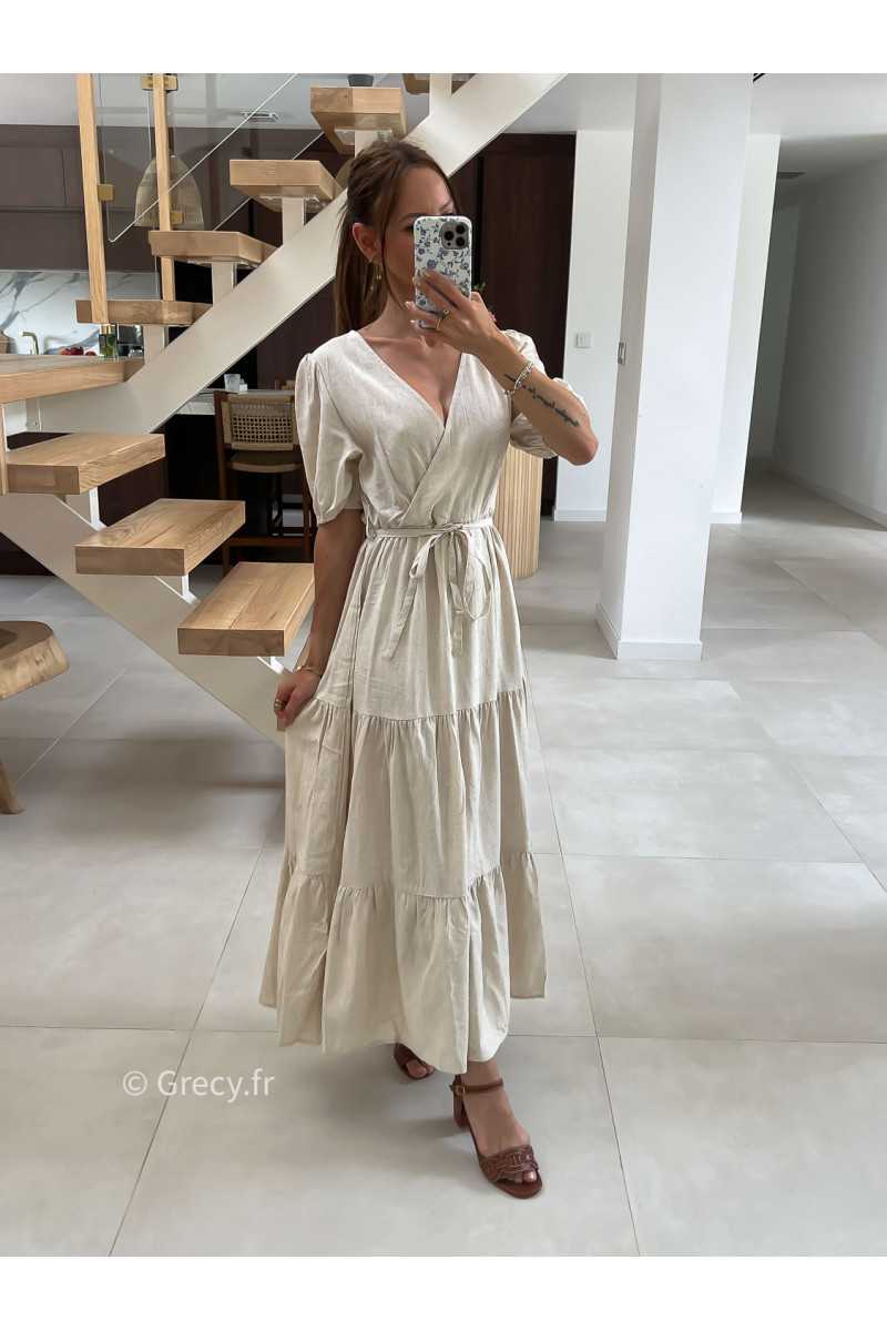 Robe longue lin beige cache-coeur mode tendance été grecy