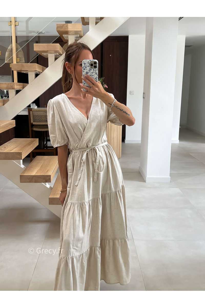 Robe longue lin beige cache-coeur mode tendance été grecy