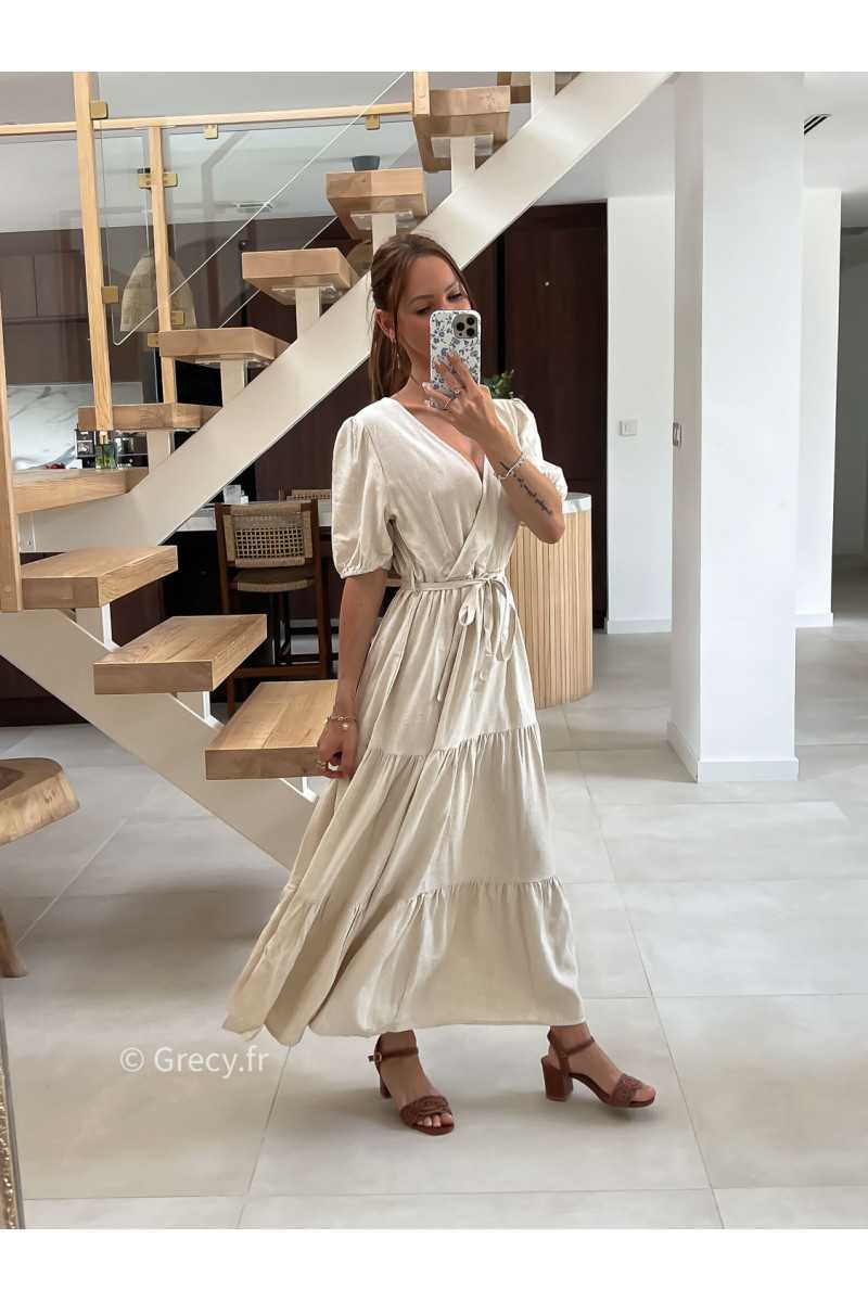 Robe longue lin beige cache-coeur mode tendance été grecy