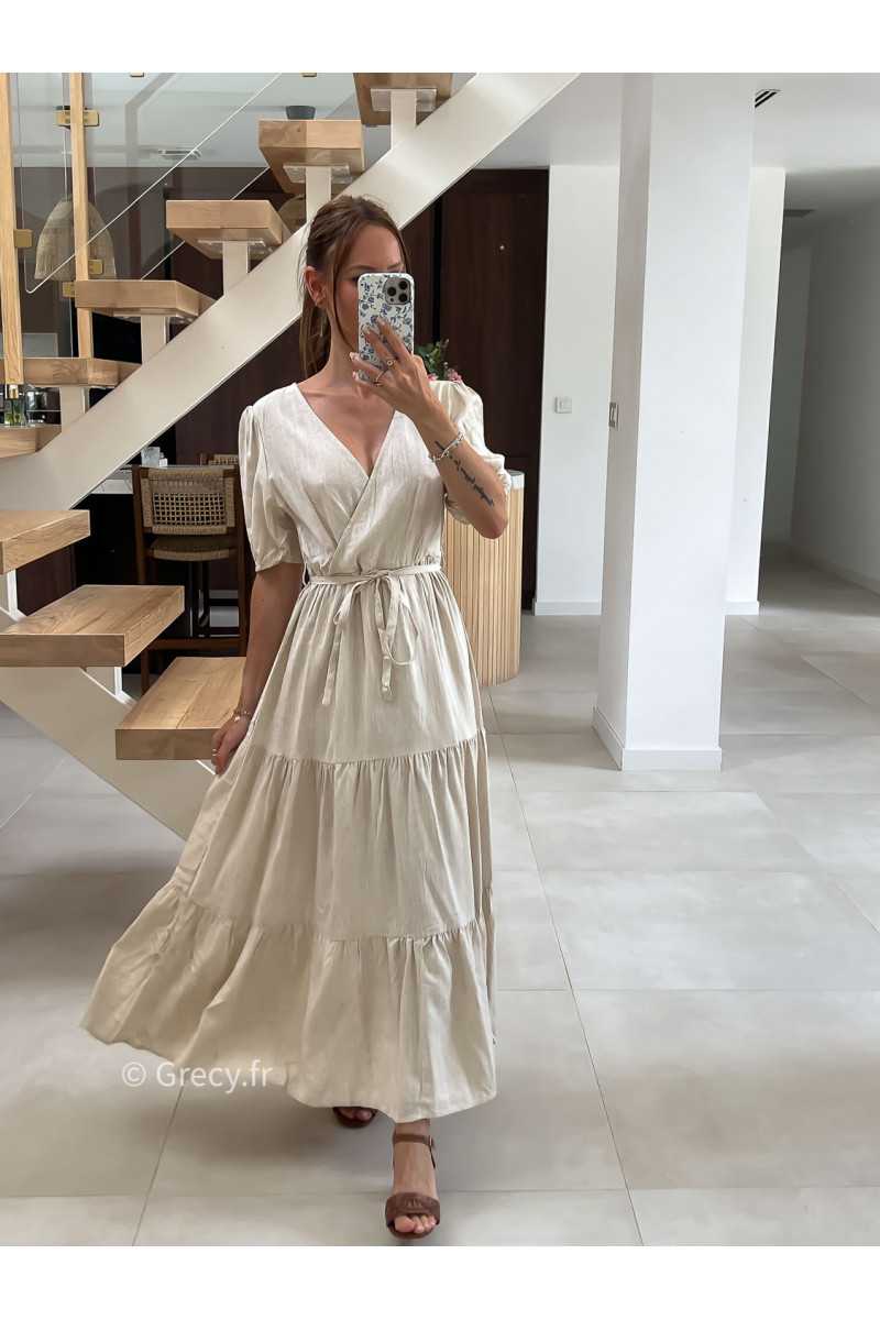 Robe longue lin beige cache-coeur mode tendance été grecy