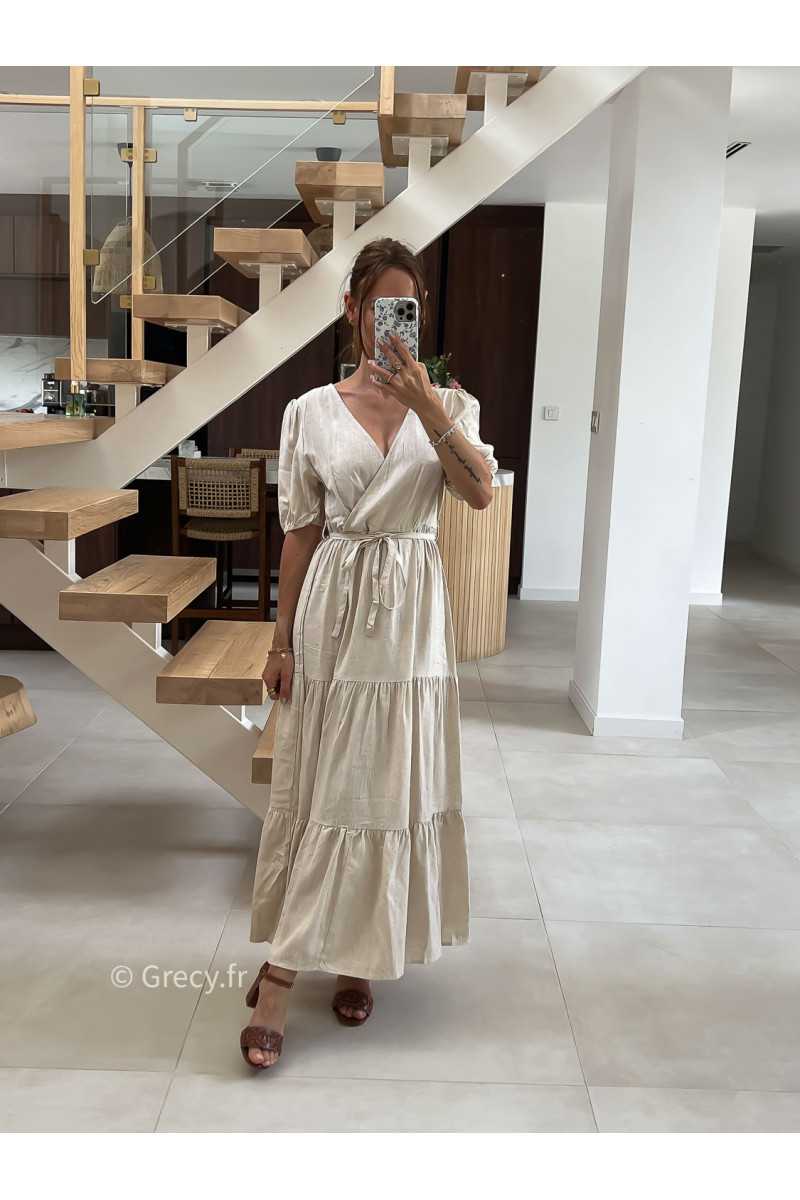 Robe longue lin beige cache-coeur mode tendance été grecy