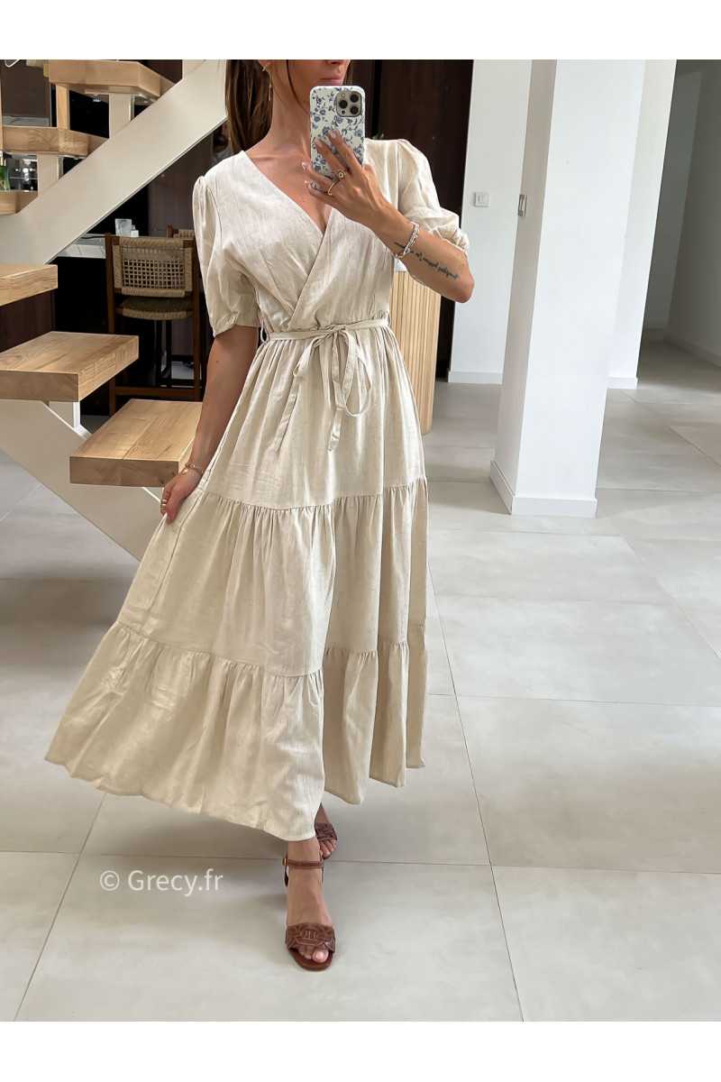 Robe longue lin beige cache-coeur mode tendance été grecy