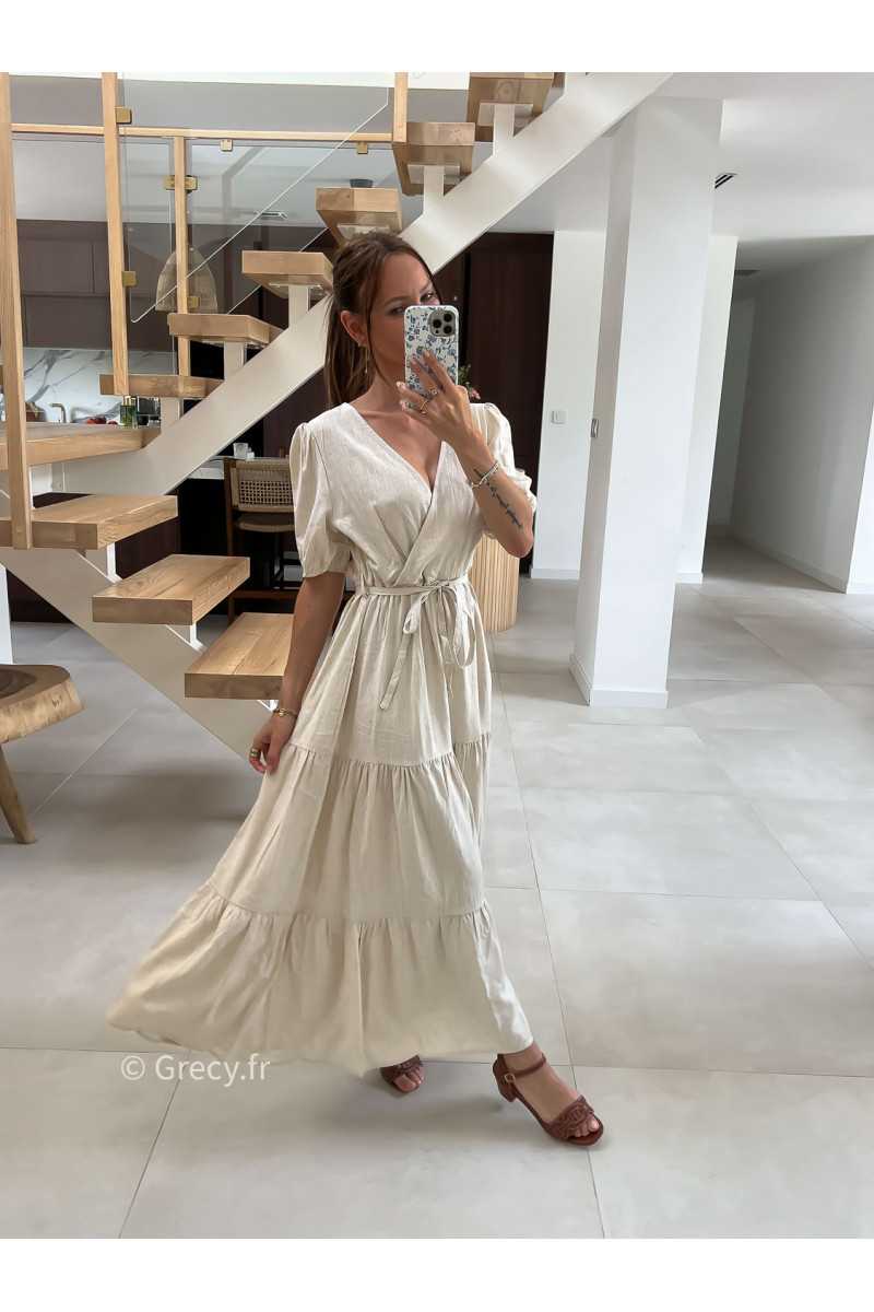Robe longue lin beige cache-coeur mode tendance été grecy
