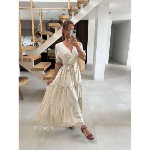 Robe longue lin beige cache-coeur mode tendance été grecy