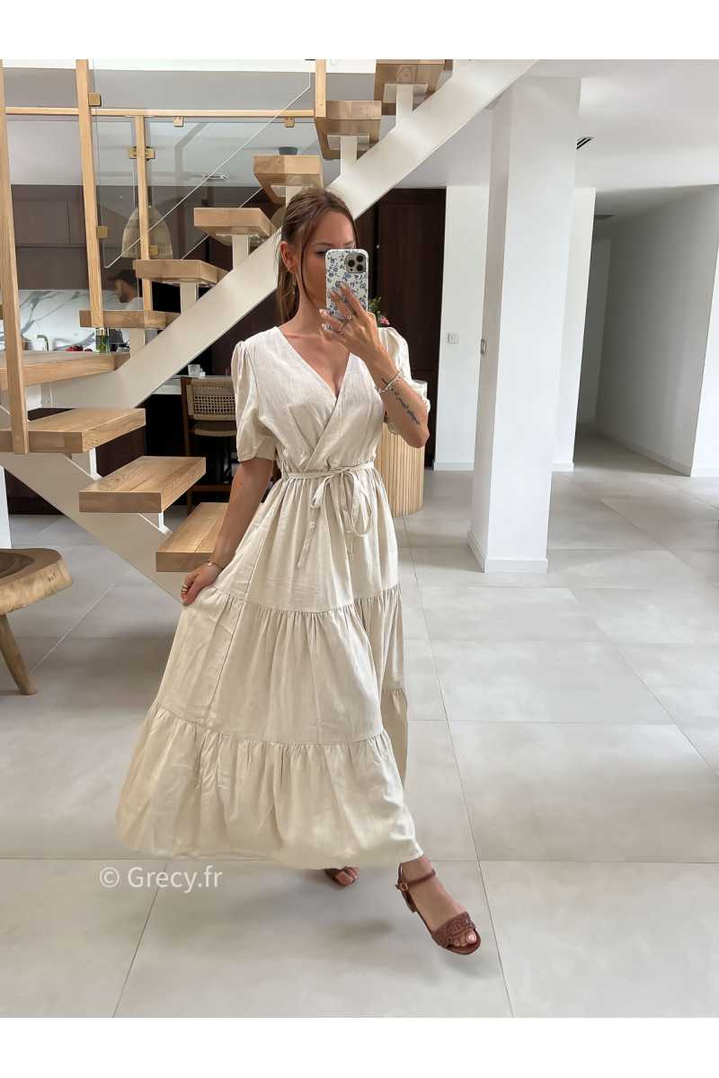 Robe longue lin beige cache-coeur mode tendance été grecy