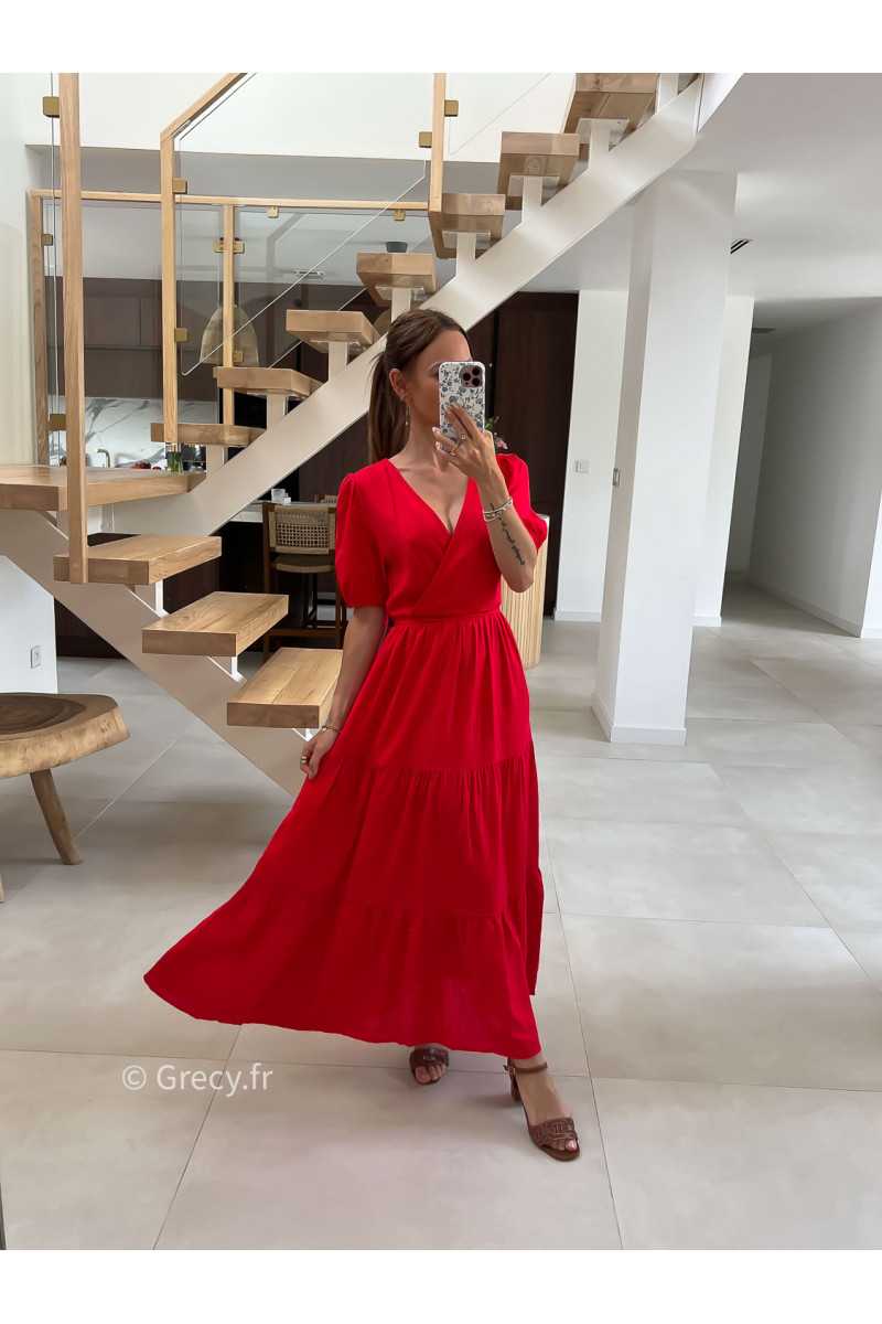 Robe longue lin rouge cache-coeur mode tendance été grecy