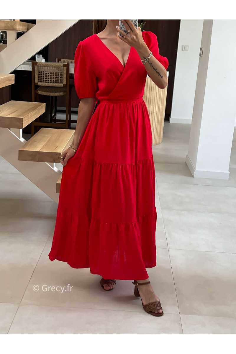Robe longue lin rouge cache-coeur mode tendance été grecy
