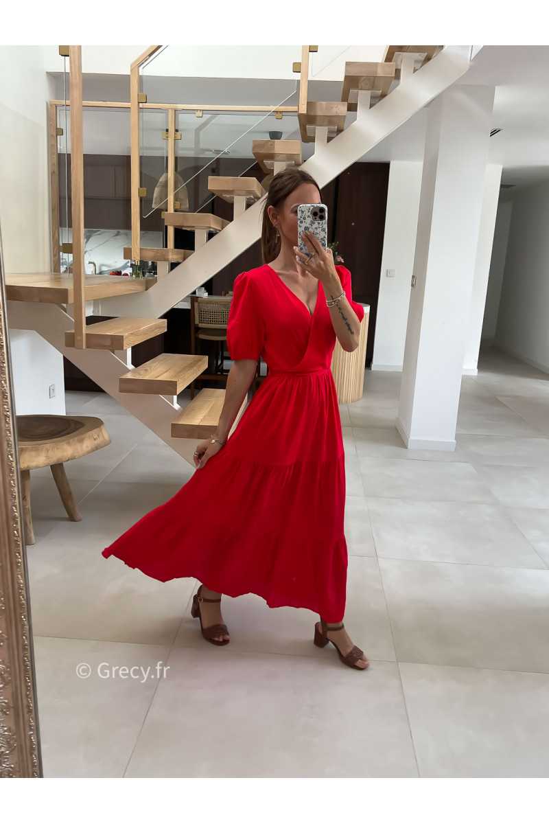 Robe longue lin rouge cache-coeur mode tendance été grecy
