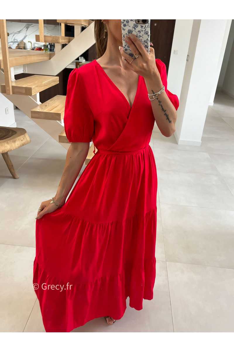 Robe longue lin rouge cache-coeur mode tendance été grecy
