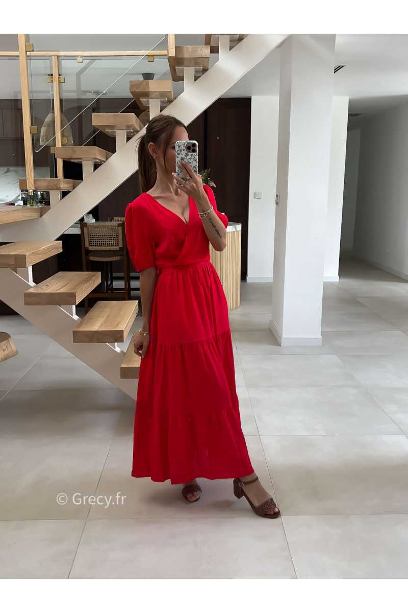 Robe longue lin rouge cache-coeur mode tendance été grecy